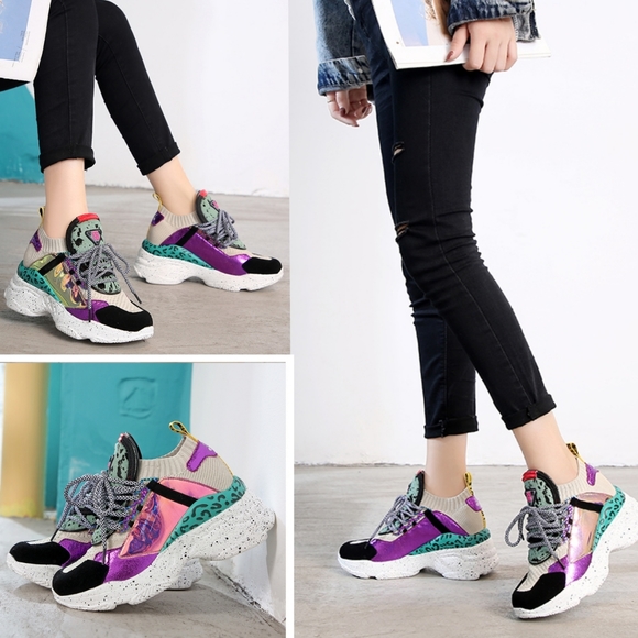 Multicolor Holographic Chunky Platform Sneaker Sock Top|Animal Fur Print - Picture 4 of 14